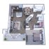 Inviting 3D floor plan showcasing a modern apartment with one bedroom, open kitchen, cozy living area, stylish bathroom, and spacious balcony.