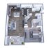 Modern floor plan showcasing an elegant open-concept living area with a stylish kitchen, cozy dining space, and a spacious bedroom. Includes a chic bathroom and inviting balcony with seating, perfect for relaxation.