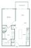 Modern apartment floor plan featuring 1 bedroom, spacious living and dining area, sleek kitchen with island, and private patio/balcony.