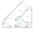 Modern floor plan showcasing 1 bedroom with walk-in closet, spacious living area, elegant kitchen, and private patio.