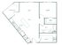 Contemporary floor plan highlighting a spacious layout with a bedroom, open living and dining area, modern kitchen, and private patio/balcony.