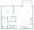 Modern 1-bedroom apartment floor plan featuring open kitchen, spacious dining and living area, with a walk-in closet and patio access.
