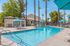 Inviting community pool area with loungers and umbrellas surrounded by lush palm trees.