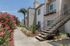 Charming exterior view of a modern apartment complex with lush landscaping and vibrant flowers, highlighting a serene walkway and stylish outdoor staircase.