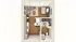 Contemporary studio apartment floor plan showcasing an open layout with a cozy living area, sleek kitchen, and modern bathroom, featuring stylish wood flooring and ample natural light.