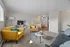 Inviting living room with bright yellow armchairs, soft carpeting, and a modern open-plan layout, seamlessly connecting to a cozy dining nook.