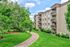 Charming apartment building with well-manicured lawns and lush greenery under a bright blue sky, offering a tranquil living environment.