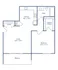 Modern floor plan with one bedroom, spacious living area, open kitchen, walk-in closet, and a balcony.