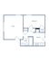 Chic floor plan showcasing one-bedroom apartment with spacious living area, modern kitchen, and full bath.