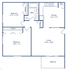Charming floor plan showcasing a 2-bedroom, 1-bath apartment with a spacious living area, and a modern kitchen, totaling 858 sq ft. Includes a balcony for outdoor relaxation.