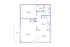 Modern floor plan showcasing a spacious one-bedroom apartment with a large living area, kitchen, walk-in closet, and private balcony.