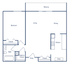 Modern floor plan of a 1 bed, 1 bath apartment at 760 sq ft, featuring a spacious living and dining area, walk-in closet, and balcony at 21 Kristin.