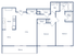 Modern floor plan of a 2 bed, 2 bath apartment spanning 1,036 sq ft, featuring an open living area, spacious kitchen, and private balcony.