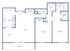 Modern floor plan featuring 2 spacious bedrooms, 2 baths, open kitchen and living area with balcony, covering 1,036 sq ft.