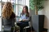 Bright and inviting workspace featuring two colleagues collaborating at a modern table by large windows with a lush green potted plant.