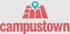 Modern Campustown logo featuring a red stylized map with a teal location pin, embodying vibrant and dynamic community living.