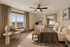 Inviting bedroom featuring a plush bed, elegant decor, and a cozy seating area with mountain views through large windows.