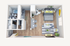 Modern open-concept studio floor plan featuring a cozy living area, fully equipped kitchen, and chic bedroom with ample storage.