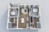 Modern 3D floor plan illustrating 2 bedrooms, elegant open living area, and a contemporary kitchen layout.