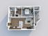 Modern 3D apartment layout showcasing a cozy bedroom, sleek bathroom, stylish kitchen, and inviting living room with balcony access.