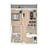 Modern 1-bedroom apartment floor plan featuring an open-concept living room, dining area, and integrated kitchen with sleek design.