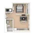 Modern 1-bedroom apartment floor plan showcasing an open-concept living area, sleek kitchen, and elegant bathroom.