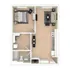 Inviting floor plan showcasing a cozy 1-bedroom apartment with an open-concept living and dining area, modern kitchen, and stylish bathroom.