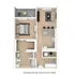 Modern floor plan featuring a spacious 1-bedroom with a walk-in closet, cozy living area, gourmet kitchen with island seating, and private balcony.
