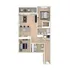Modern floor plan showcasing a spacious 2-bedroom apartment with an open-concept kitchen and living area, two bathrooms, and a cozy balcony.