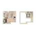 Modern 2-story apartment floor plan featuring a spacious open-concept kitchen and living area on the ground floor, with a cozy bedroom and bathroom upstairs.