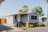 Charming mobile home with a cozy porch, nestled among palm trees and vibrant greenery, ideal for relaxed living.