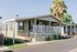 Charming mobile home with a spacious front porch, nestled in a sunny community setting under clear blue skies.