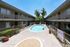 Inviting courtyard view of an apartment complex featuring a sparkling swimming pool, surrounded by lush greenery and towering palm trees, perfect for relaxation and leisure.