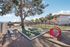 Charming community play area with vibrant red play tunnel, lush green lawn, and towering tree providing shade in a bright and sunny apartment complex.