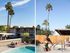 split image of aerial view of pool and woman climbing out of pool at oasis 20