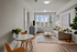 Apartments in Bend, OR with In-Unit Washer and Dryer - The Hixon - Furnished Living Room with Durable Plank Vinyl Tile Flooring, High Ceilings, Air Conditioning, a Superior Vinyl Framed Window, and a Dining Area