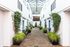 paved walkway with decorative plants near the doors