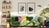green suede sofa with accent pillows and art work hangin on the back wall