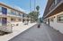 Modern apartment complex featuring a spacious courtyard with picnic tables and vibrant blue doors, surrounded by lush palm trees.