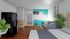 Cozy studio apartment with modern furnishing, featuring a turquoise kitchen and stylish decor.