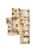 Chic 3D floor plan showcasing two cozy bedrooms, an inviting open-concept living and dining area, and a modern kitchen with ample storage.