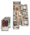 Elegant 3D floor plan showcasing two-bedroom apartment with open-concept living area, modern kitchen, two bathrooms, a cozy study, and a two-car garage.
