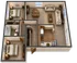 Charming 3D floor plan with two cozy bedrooms, inviting living room, modern kitchen, and elegant dining area, perfect for comfortable living.