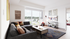 living room with 2 couches, coffee table, TV + TV stand. Floor to ceiling windows.