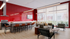 lounge area with comfy seating. High-rise tables with barstool, and community kitchen