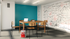 study room. table, chairs and multicolor graphic wall