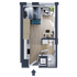 Modern studio apartment layout featuring a cozy bedroom, open living area, compact kitchen, and stylish bathroom with in-unit laundry.
