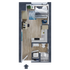 Modern studio apartment floor plan featuring a cozy sleeping area, compact kitchen, sleek bathroom, and dedicated workspace.