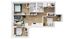 Elegant 3D floor plan displaying 3 cozy bedrooms, a modern kitchen with island seating, a vibrant living room, and dual stylish bathrooms.
