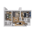 Elegant 3D apartment floor plan with two bedrooms, a cozy living area, modern kitchen, and two stylish bathrooms, perfect for urban living.